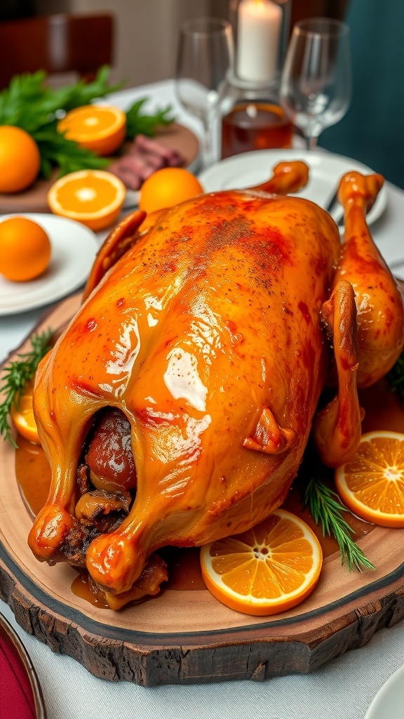 Roasted Duck with Orange Glaze Recipe Roasted duck with orange glaze on a wooden platter, garnished with orange slices and herbs.